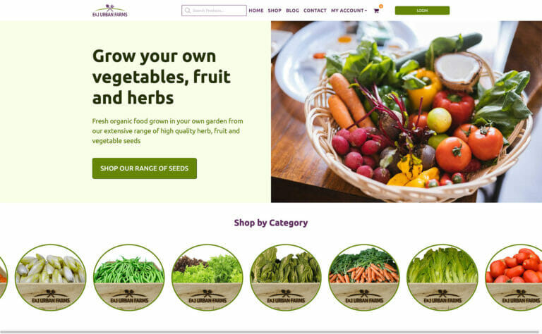 Screenshot of the E&J Urban Farms website front page